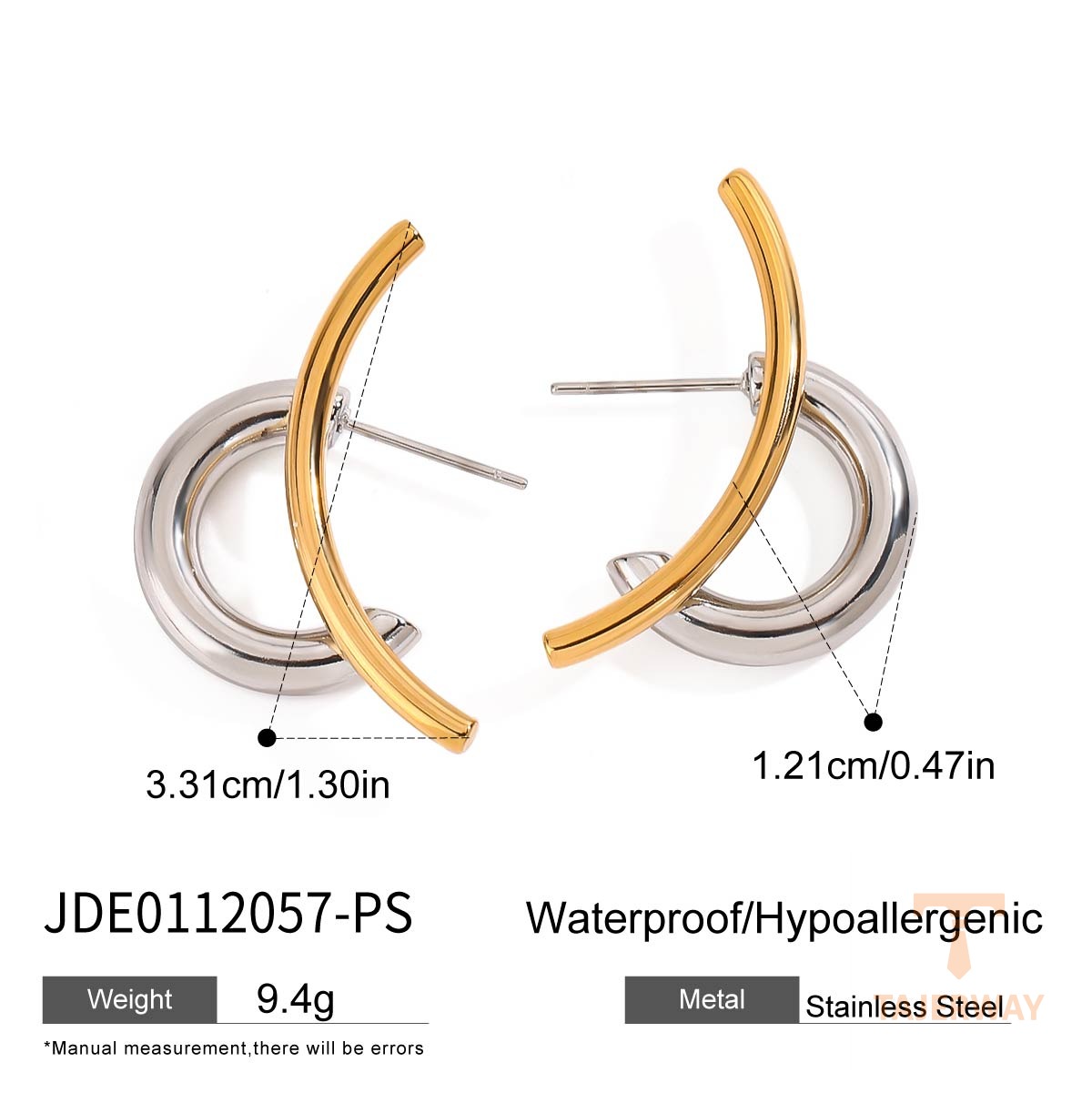 گوشواره میخی مینیمال طرح هندسی از استیل ضدزنگ با آبکاری دو رنگ و طلای ۱۸ عیار برند J&D - تصویر 7