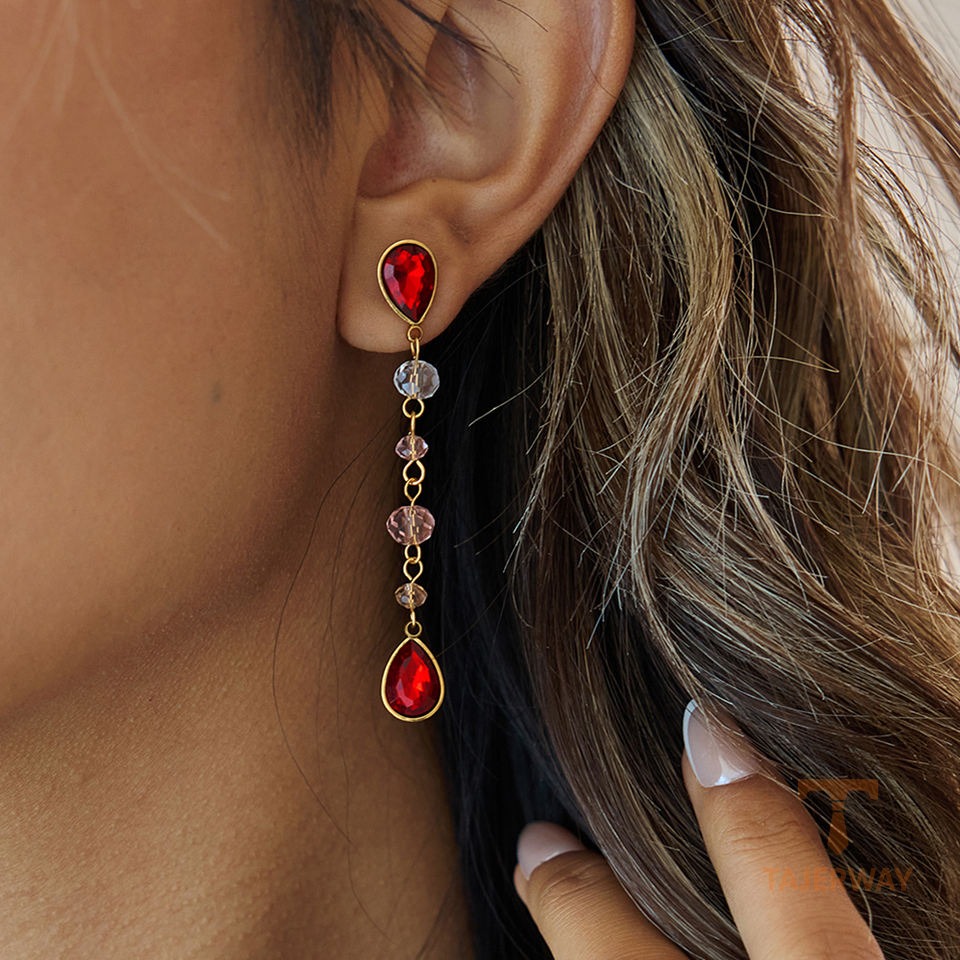 گوشواره ریسه‌ای استیل ضدزنگ آبکاری طلای ۱۸ عیار نگین‌دار برند J&D کد JDE0207008
