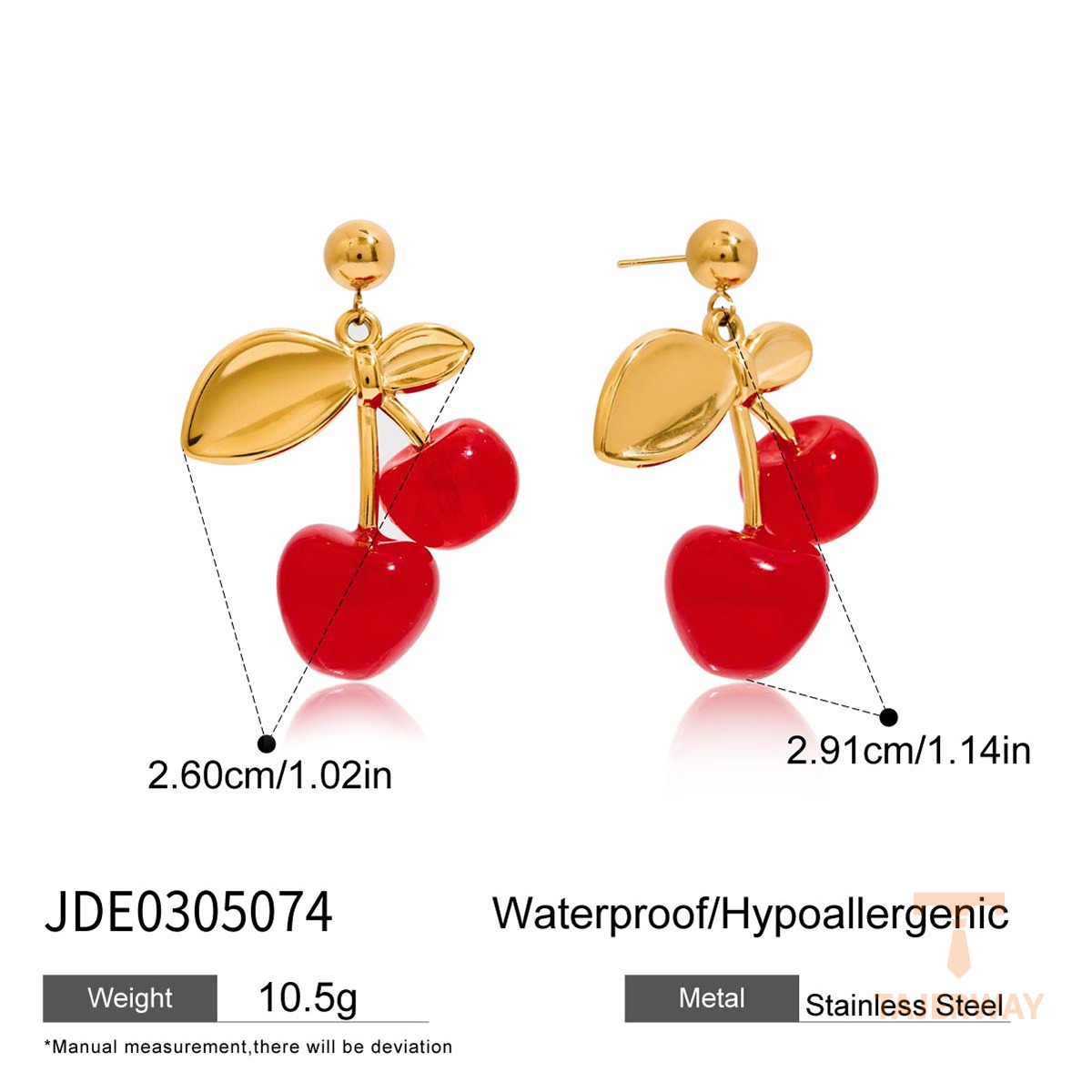 گوشواره فانتزی طرح گیلاس با آکریلیک از استیل ضدزنگ و آبکاری طلای ۱۸ عیار برند J&D - تصویر 7