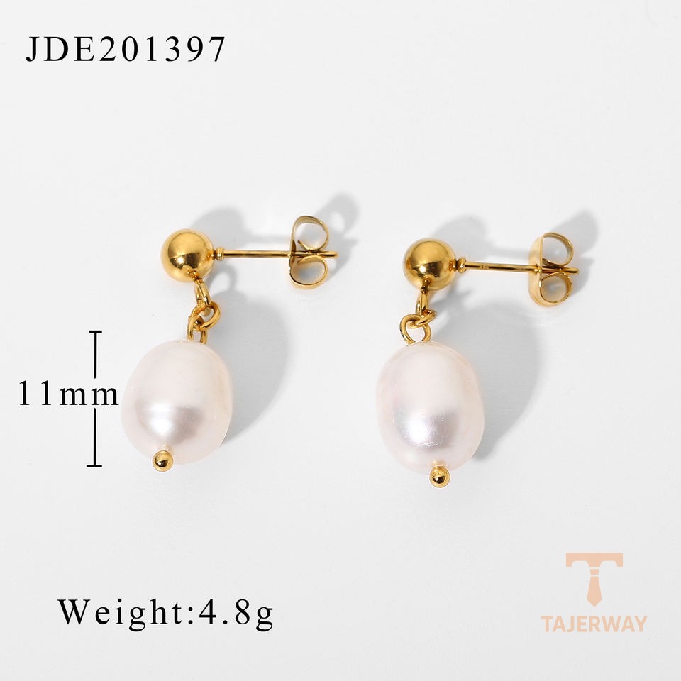 تصویر محصول گوشواره آویز آبکاری طلای ۱۸ عیار مروارید مصنوعی برند J&D کد JDE201397