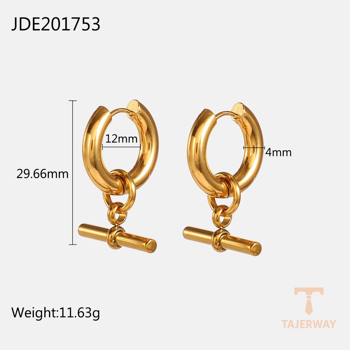 گوشواره هاگی طرح T-Bar و میله‌ای هندسی از استیل ضدزنگ با آبکاری طلای ۱۸ عیار برند J&D - تصویر 7