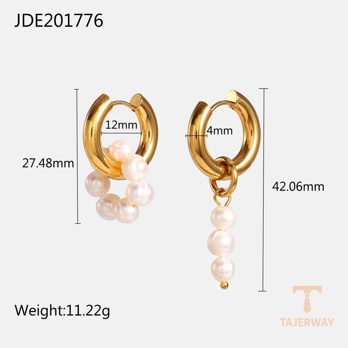 گوشواره آویز با مروارید آب شیرین از استیل ضدزنگ با آبکاری طلای ۱۸ عیار برند J&D - تصویر 7