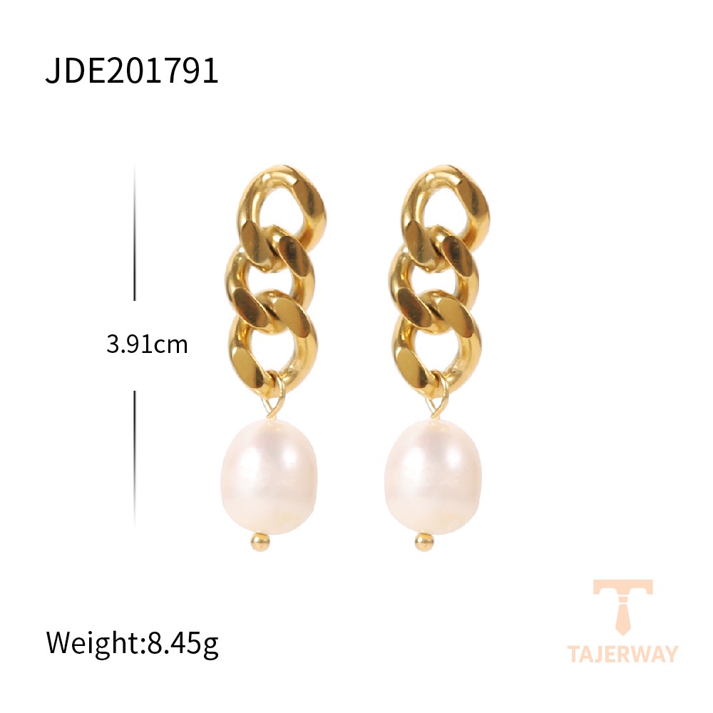 گوشواره آویز با مروارید آب شیرین از استیل ضدزنگ با آبکاری طلای ۱۸ عیار برند J&D - تصویر 7