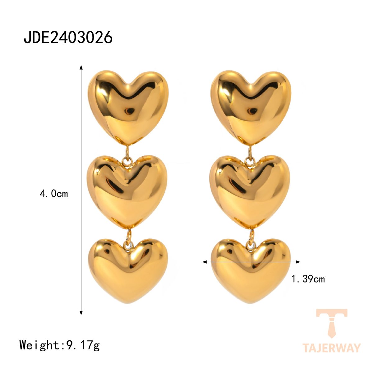 گوشواره سه لایه طرح قلب از استیل ضدزنگ با آبکاری طلای ۱۸ عیار PVD برند J&D - تصویر 7