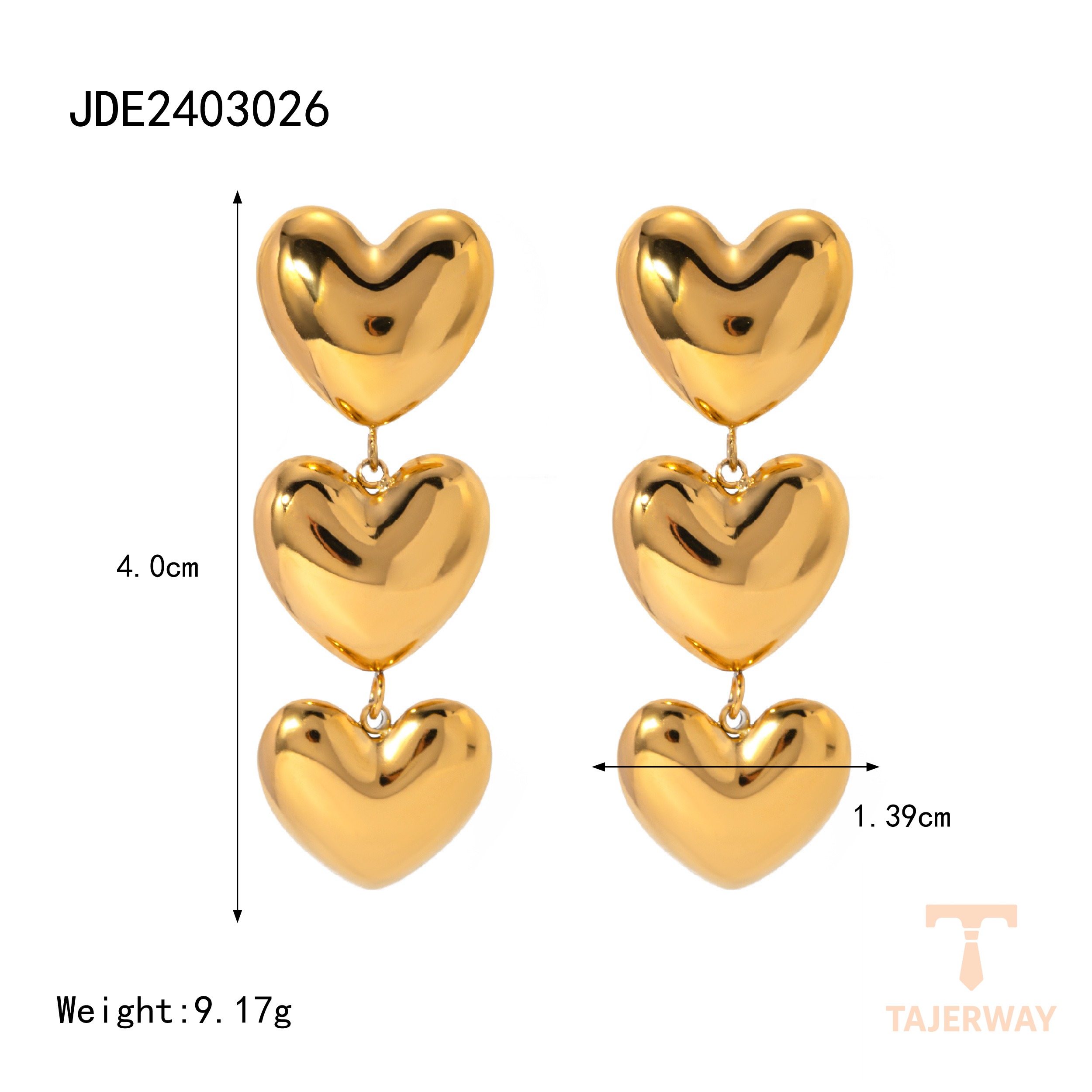 گوشواره سه لایه طرح قلب از استیل ضدزنگ با آبکاری طلای ۱۸ عیار PVD برند J&D - تصویر 7