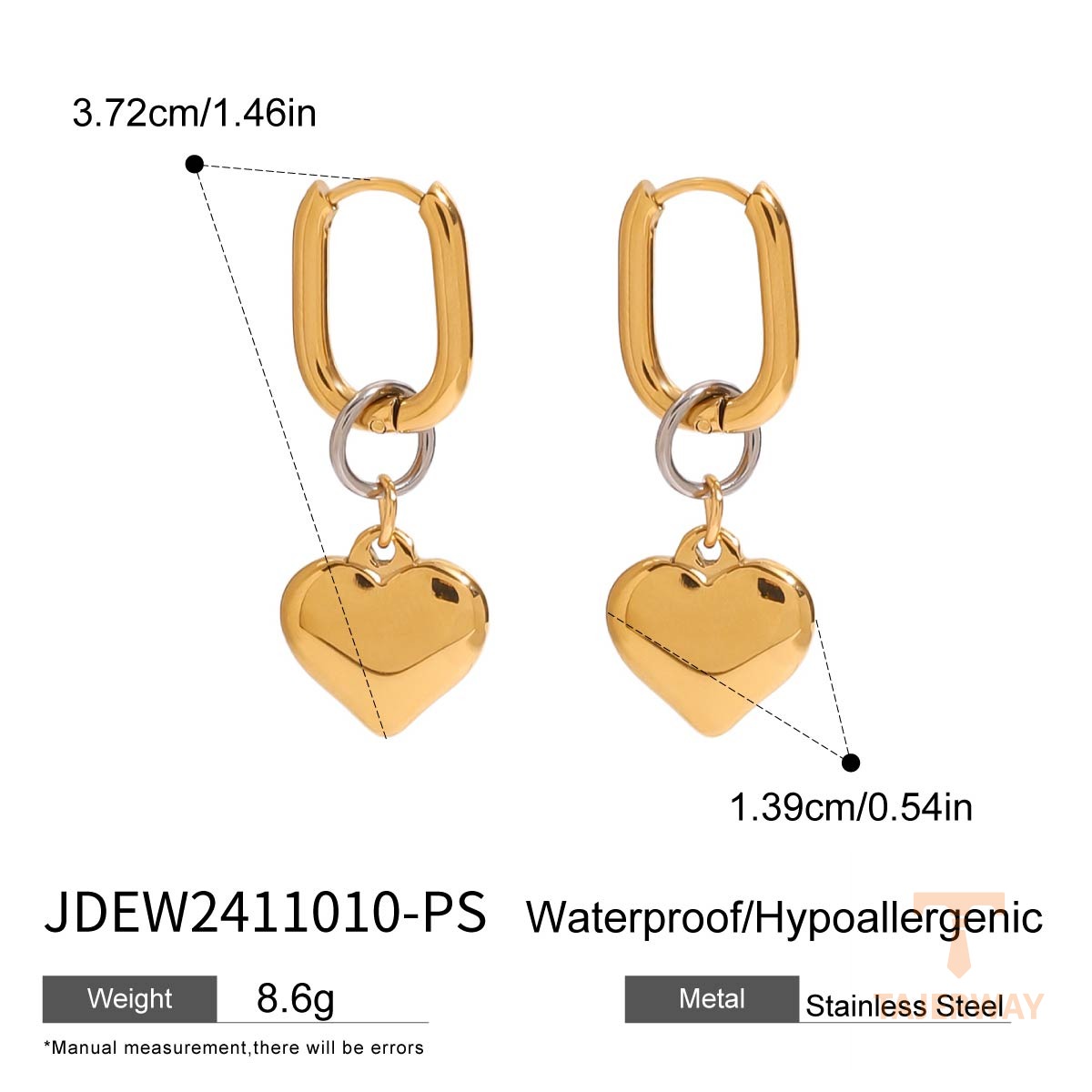 گوشواره طرح قلب از استیل ضدزنگ با آبکاری طلای ۱۸ عیار برند J&D - تصویر 7