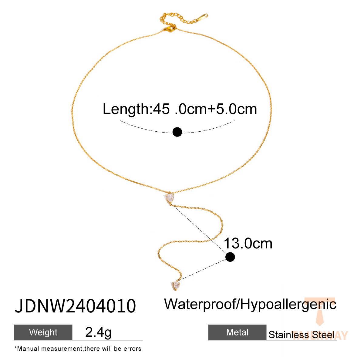 گردنبند پلاکدار طرح قطرهای با کریستال از استیل ضدزنگ و آبکاری طلای ۱۸ عیار برند J&D - تصویر 7