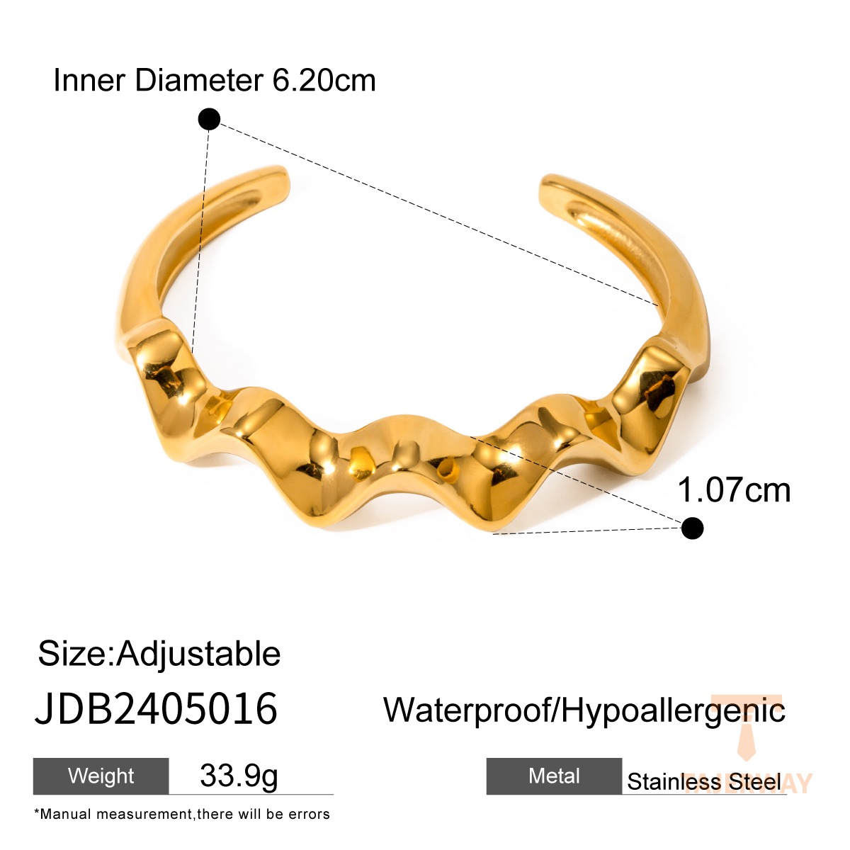 دستبند کاف باز و النگویی از استیل ضدزنگ با آبکاری طلای ۱۸ عیار برند J&D - تصویر 7