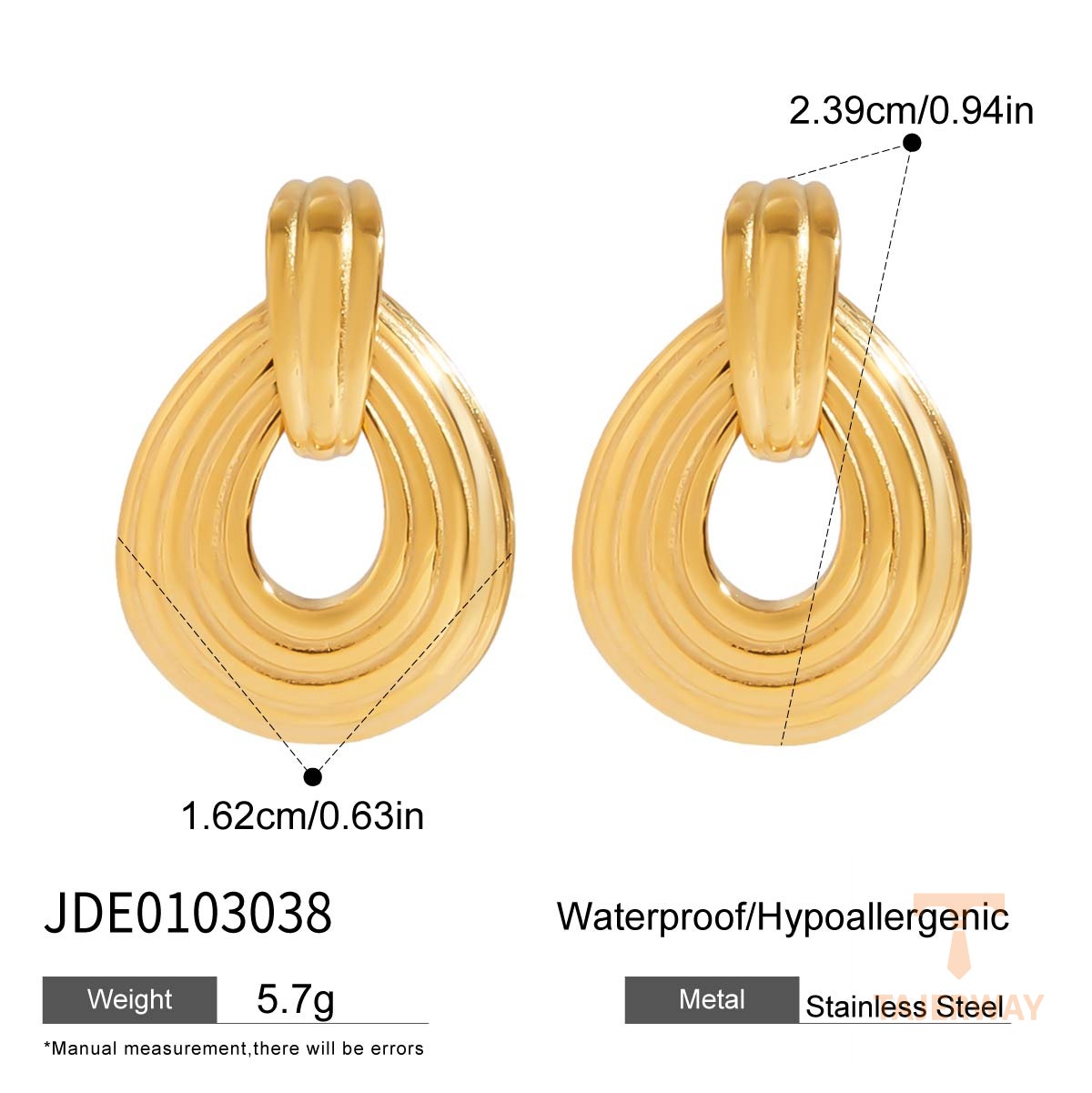 گوشواره آویز طرح قطرهای مینیمال از استیل ضدزنگ با آبکاری طلای ۱۸ عیار برند J&D - تصویر 7