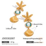 گوشواره طرح ستاره دریایی و دریایی با مهره صدفی طبیعی و نگین شیشه‌ای از استیل ضدزنگ با آبکاری طلای ۱۸ عیار برند J&D - تصویر 7