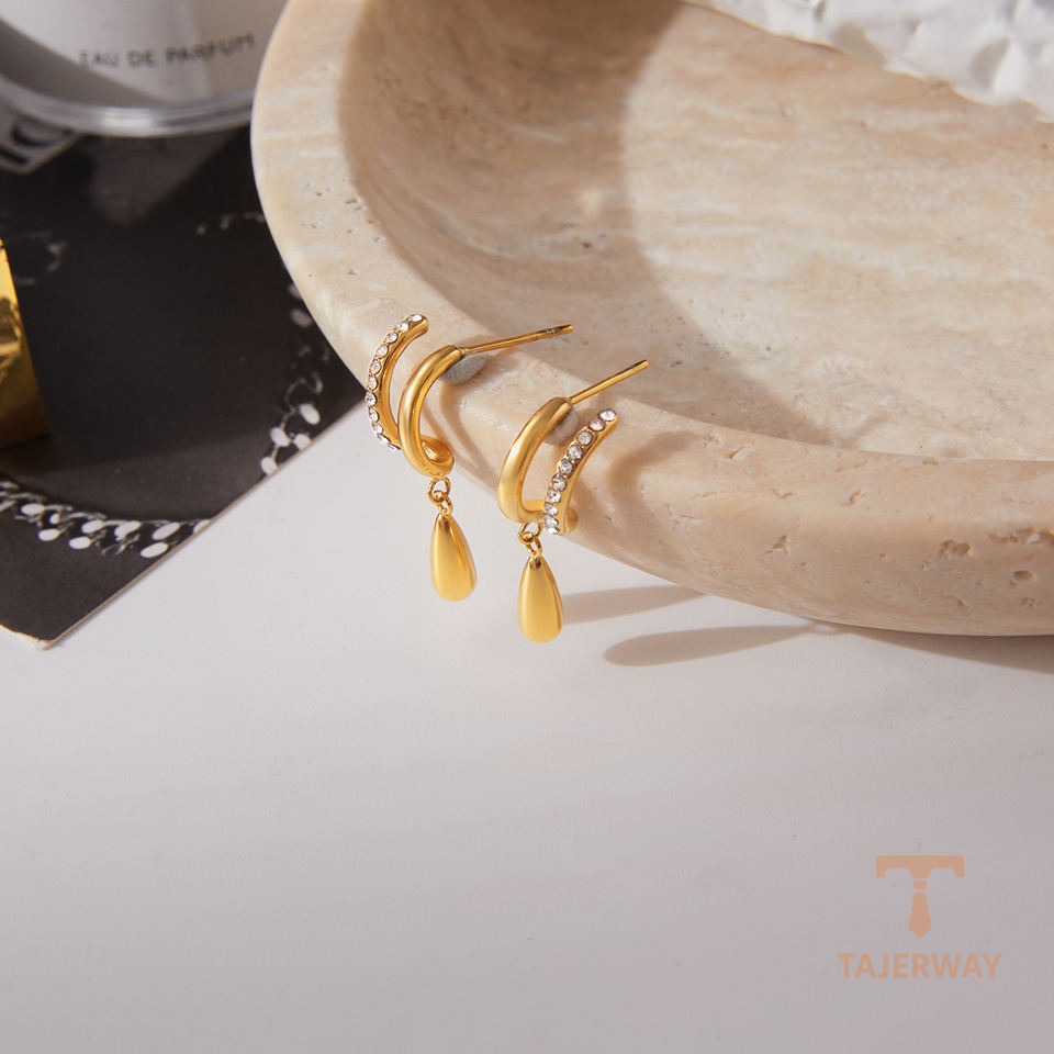 زاویه دیگر گوشواره استیل ۳۰۴ (رنگ ثابت) | استیل ضدزنگ | استیل ۳۱۶ (ضد حساسیت) آبکاری طلای ۱۸ عیار PVD برند J&D کد JDE0307068