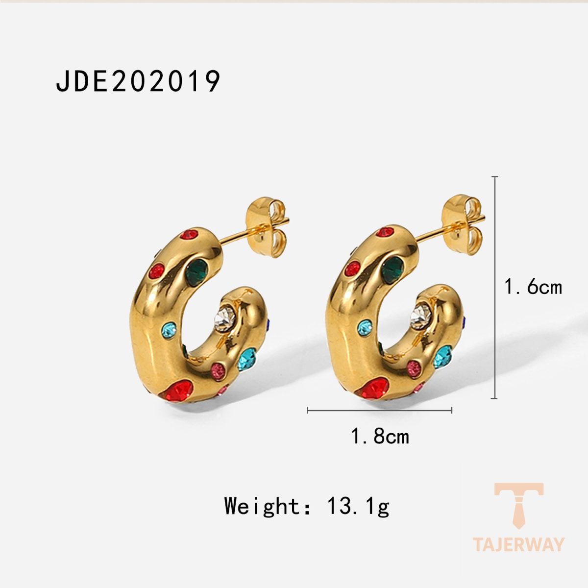 گوشواره حلقه‌ای با نگین زیرکن قرمز از استیل ضدزنگ با آبکاری طلای ۱۸ عیار برند J&D - تصویر 7