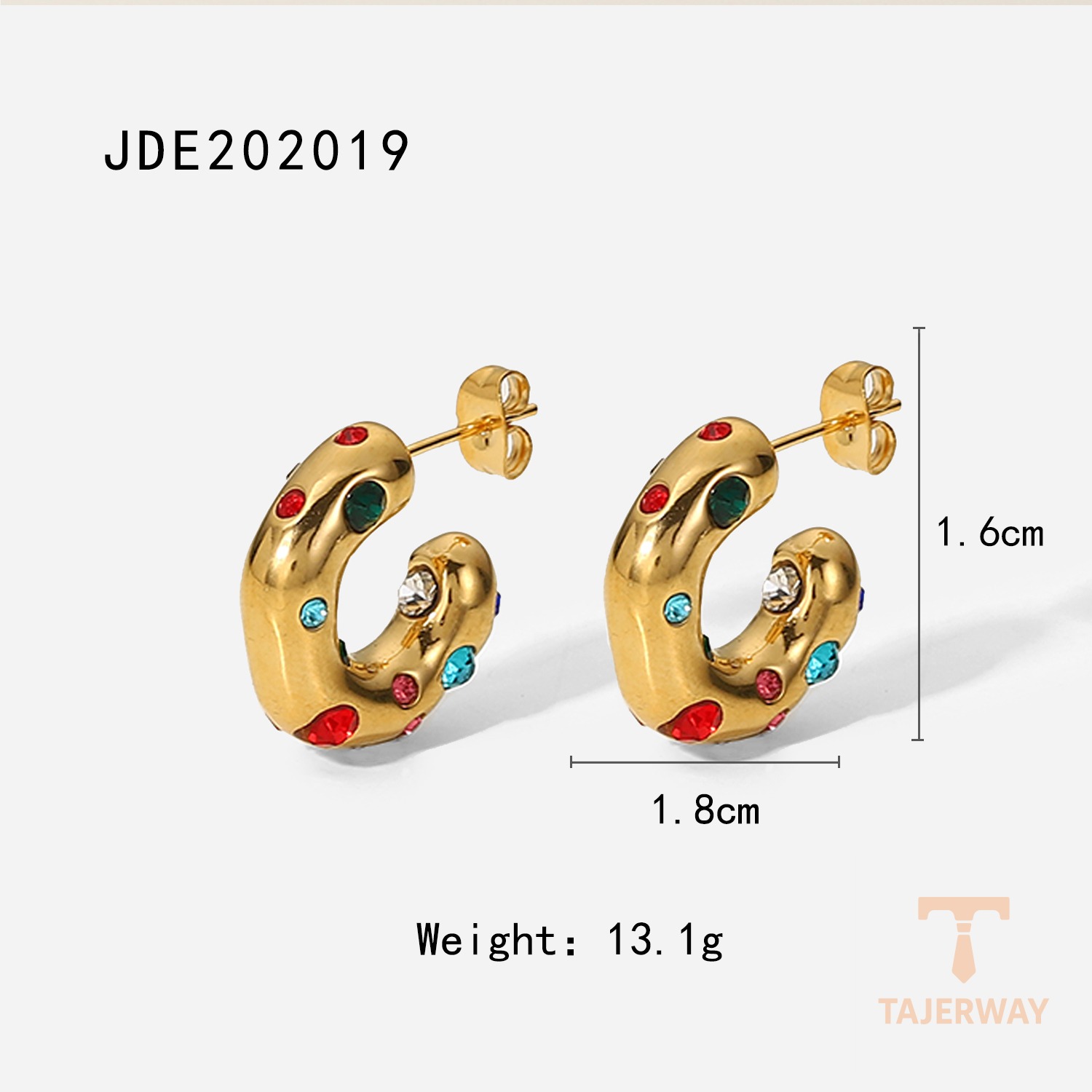 گوشواره حلقهای با نگین زیرکن قرمز از استیل ضدزنگ با آبکاری طلای ۱۸ عیار برند J&D - تصویر 7