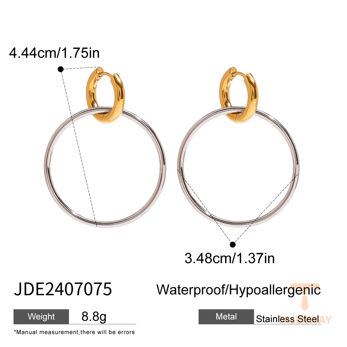 گوشواره استیل ضدزنگ با آبکاری دو رنگ و طلای ۱۸ عیار برند J&D - تصویر 7