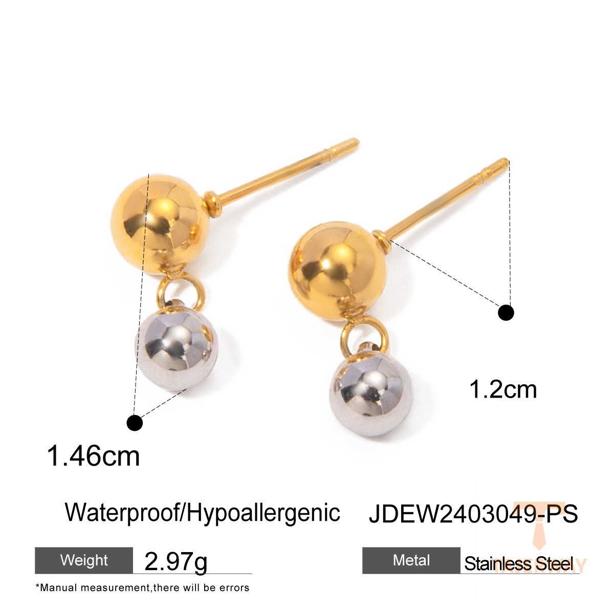 گوشواره آویز دو رنگ از استیل ضدزنگ با آبکاری طلای ۱۸ عیار PVD برند J&D - تصویر 7