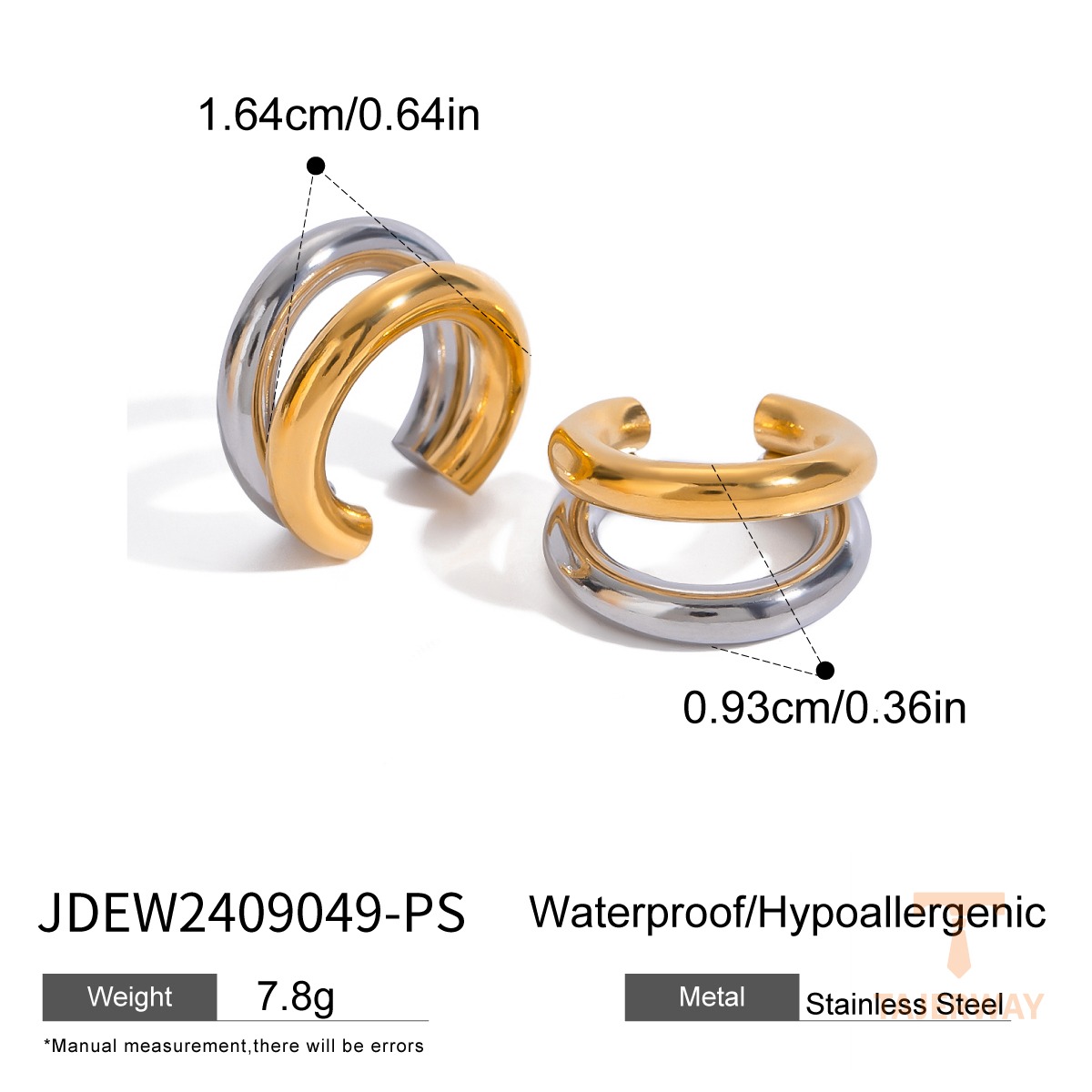 گوشواره دو لایه حلقهای و ایرکاف از استیل ضدزنگ با آبکاری طلای ۱۸ عیار PVD برند J&D - تصویر 7