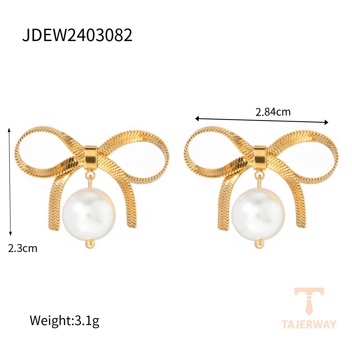 گوشواره طرح پاپیون و مروارید مصنوعی از استیل ضدزنگ با آبکاری طلای ۱۸ عیار برند J&D - تصویر 7