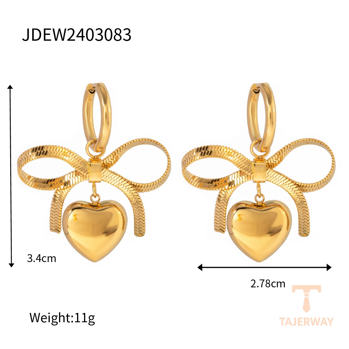 گوشواره طرح قلب و پاپیون از استیل ضدزنگ با آبکاری طلای ۱۸ عیار برند J&D - تصویر 7