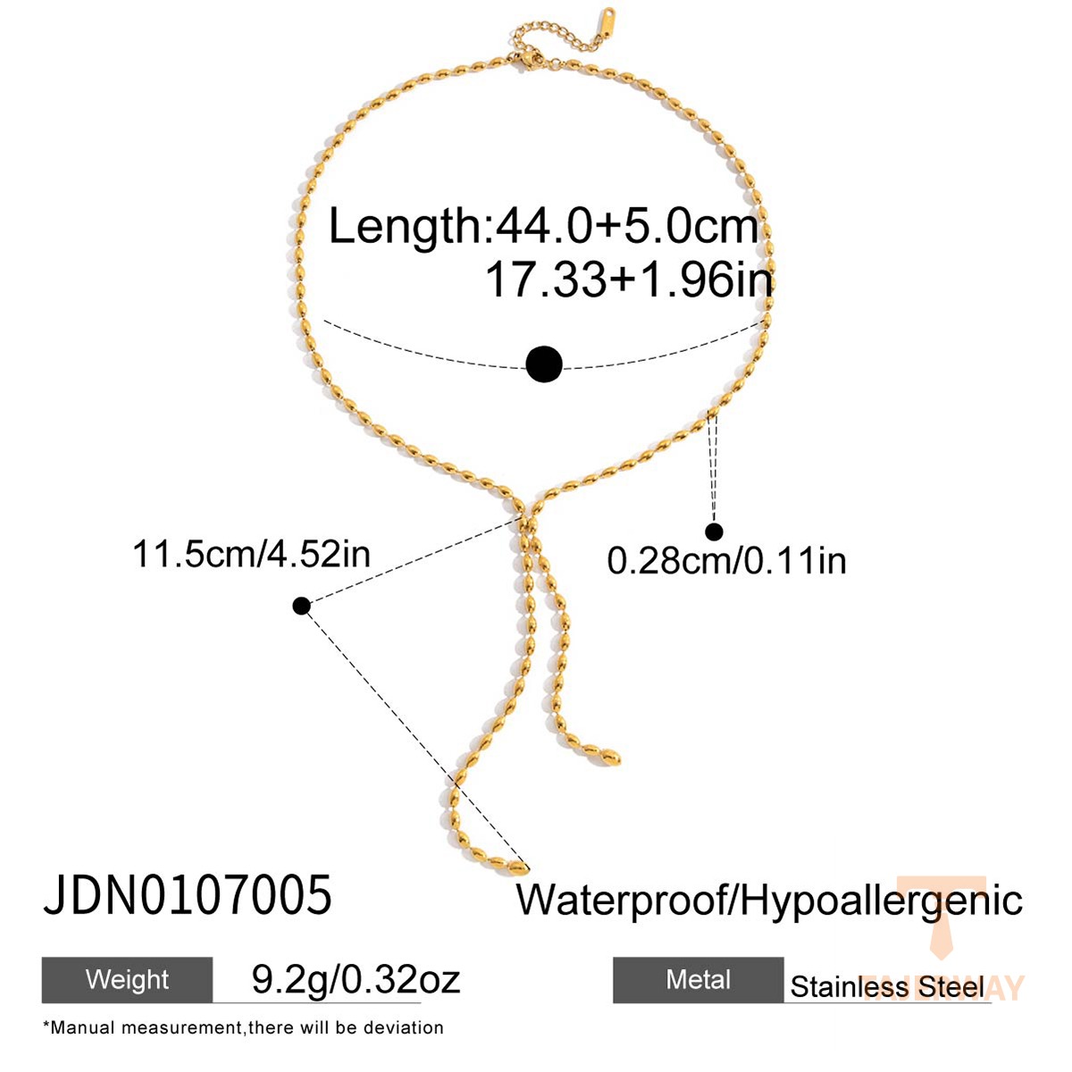 گردنبند Y شکل زنجیر کابلی از استیل ضدزنگ با آبکاری طلای ۱۸ عیار برند J&D - تصویر 7