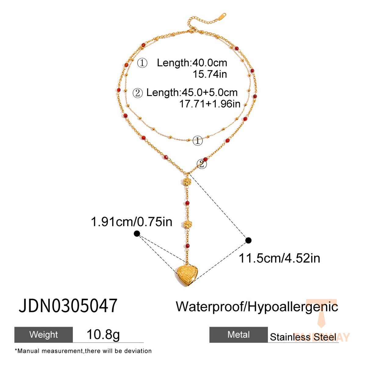 گردنبند پلاکدار چندلایه طرح قلب و عقیق قرمز از استیل ضدزنگ برند J&D - تصویر 7