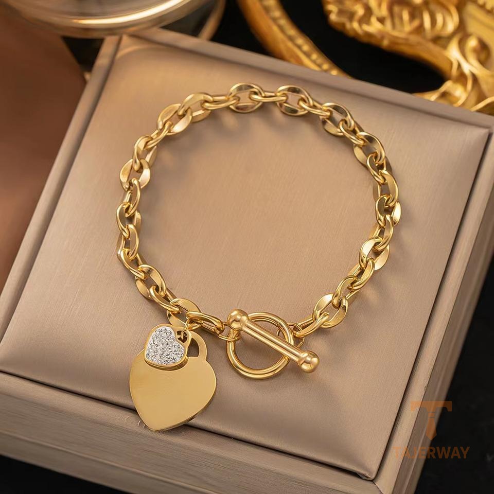 دستبند استیل ضدزنگ آبکاری طلای ۱۸ عیار نگین اتمی برند مایا استون کد MAYA-1600915771775