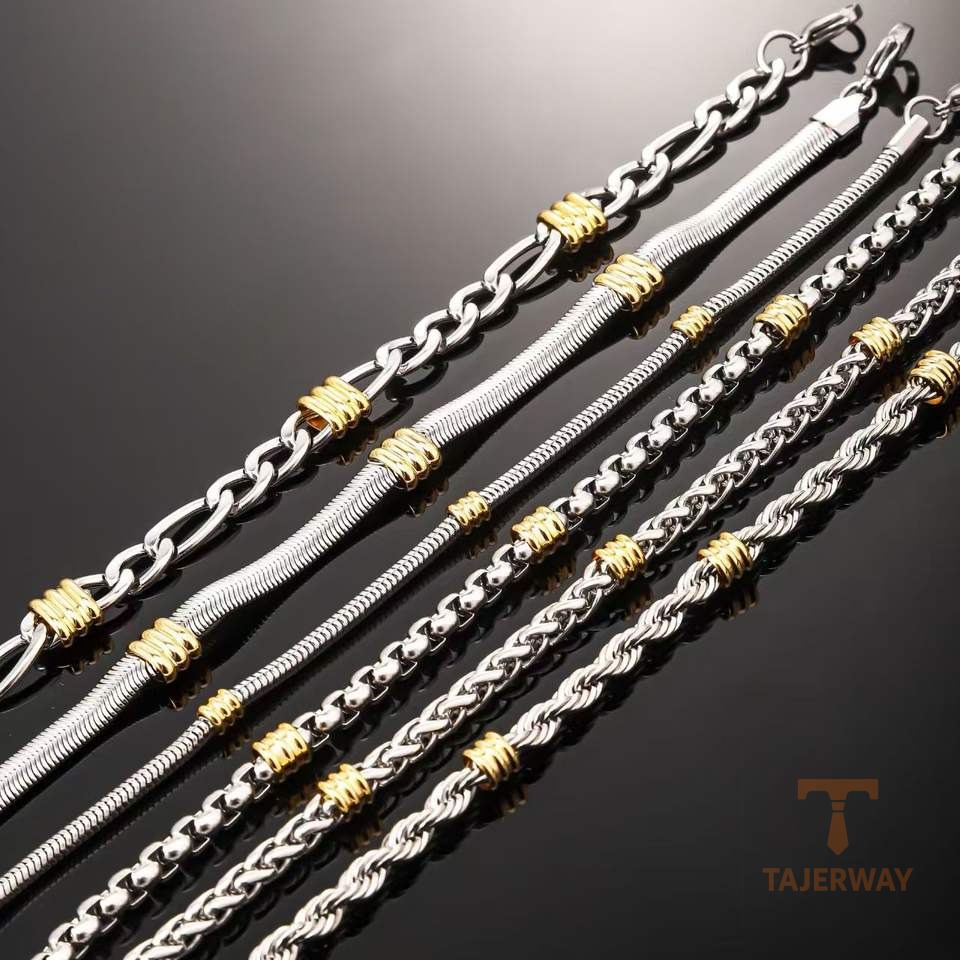 زاویه دیگر دستبند زنجیری استیل ضدزنگ آبکاری طلای سفید (رادیوم) برند مایا استون کد B710