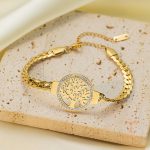 دستبند زنجیری استیل ضدزنگ آبکاری طلای ۱۸ عیار نگین اتمی برند مایا استون کد MY214521